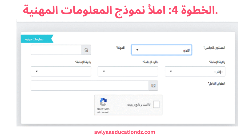 املأ نموذج المعلومات المهنية